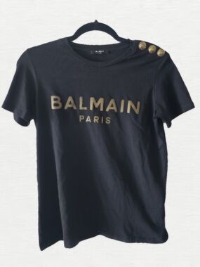 Balmain Black Tee with Gold Logo and Shoulder Buttons